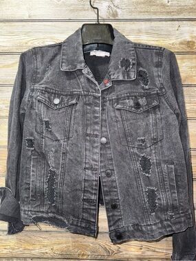 Ci Sono Black Denim Jacket with Frayed Trim